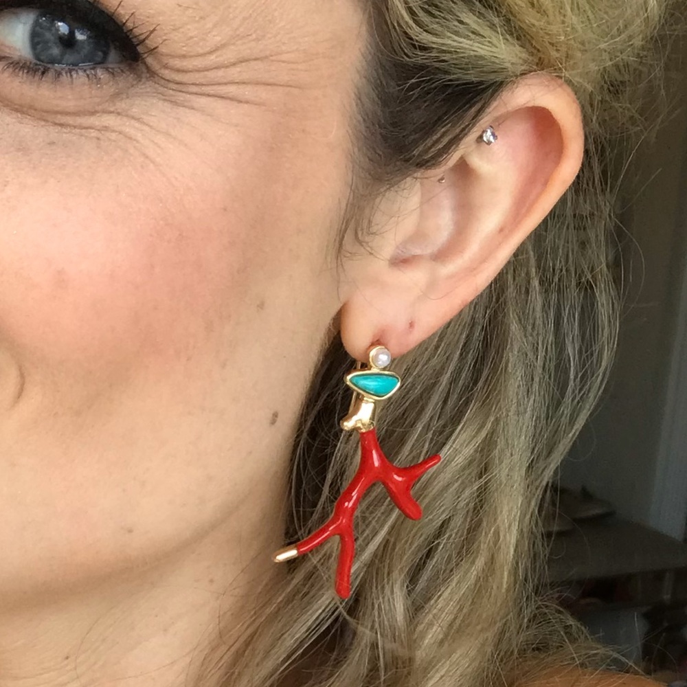 NWT Coral Drop Earrings | Red + Turquoise + Gold - Picture 4 of 8